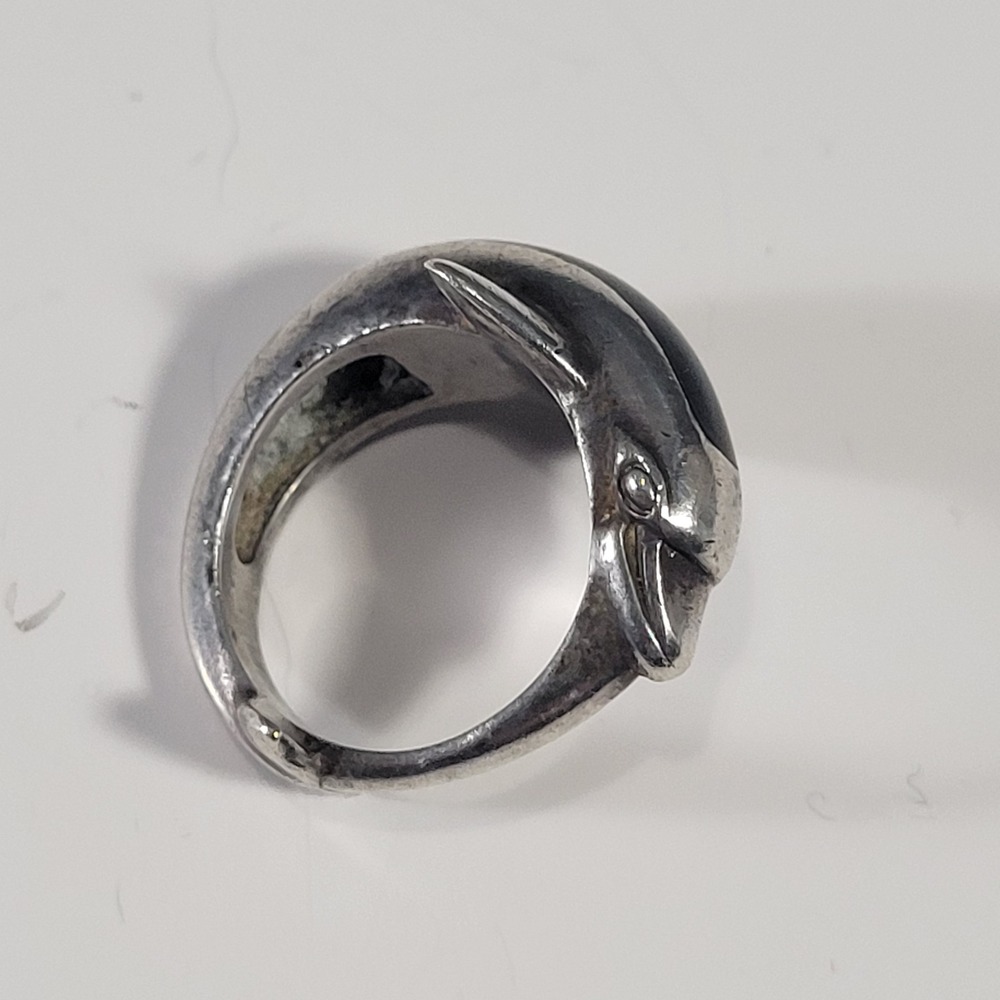 Vintage Kabana Sterling Silver Dolphin Ring Black Onyx Size‎ 4.5 Signed KBN 7g